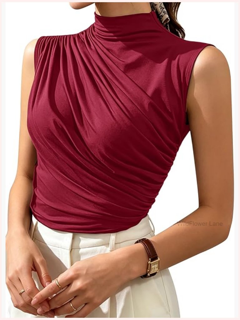 Sleeveless Mock Neck Ruched Tank Top